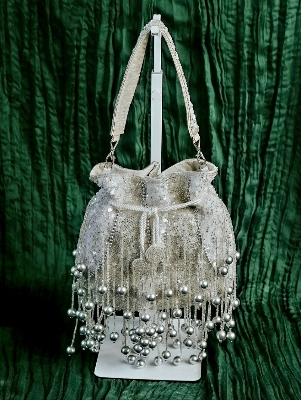 Embellished Silver Beaded Drawstring Shoulder Bag
